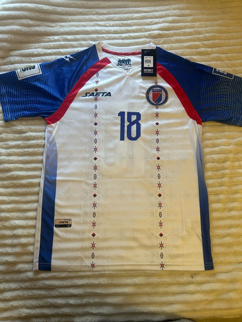 Men's Haiti #18 White and Blue Soccer Jersey